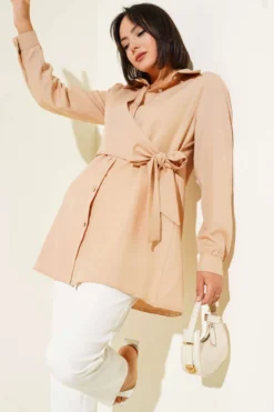 Buttoned Side Tied Shirt Camel