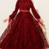 Wave Pattern Tulle Belt Evening Dress Burgundy بالجملة dress - Hicabistan مصنع تركيا