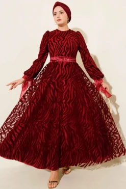 Wave Pattern Tulle Belt Evening Dress Burgundy en gros dress - Hicabistan usine Turquie