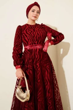 Wave Pattern Tulle Belt Evening Dress Burgundy en gros dress view 2 - Hicabistan usine Turquie