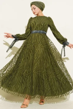 Wave Pattern Tulle Belt Evening Dress Khaki en gros dress - Hicabistan usine Turquie