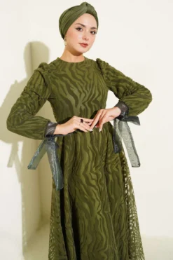 Wave Pattern Tulle Belt Evening Dress Khaki en gros dress view 2 - Hicabistan usine Turquie
