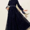 Wave Pattern Tulle Belt Evening Dress Navy Blue groothandel dress - Hicabistan Turkije fabriek