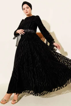 Wave Pattern Tulle Belt Evening Dress Black en gros dress - Hicabistan usine Turquie