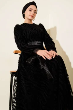 Wave Pattern Tulle Belt Evening Dress Black en gros dress view 2 - Hicabistan usine Turquie