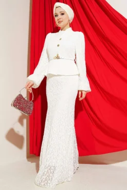 Lace Appliqué Gold Button Evening Dress White