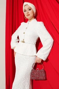 Alternative view of Lace Appliqué Gold Button Evening Dress White
