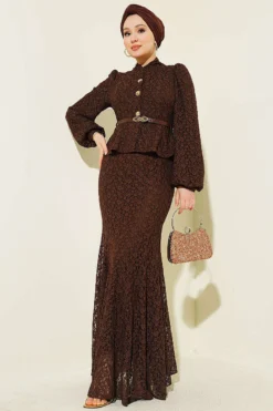 Lace Appliqué Gold Button Evening Dress Brown
