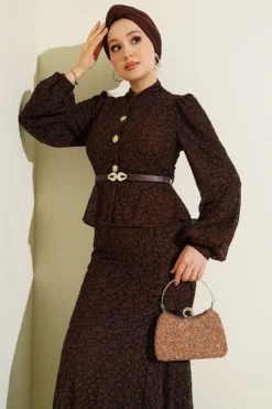 Alternative view of Lace Appliqué Gold Button Evening Dress Brown