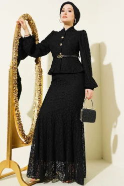 Lace Appliqué Gold Button Evening Dress Black