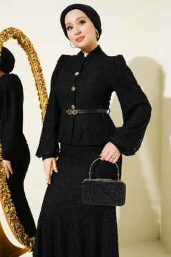Alternative view of Lace Appliqué Gold Button Evening Dress Black