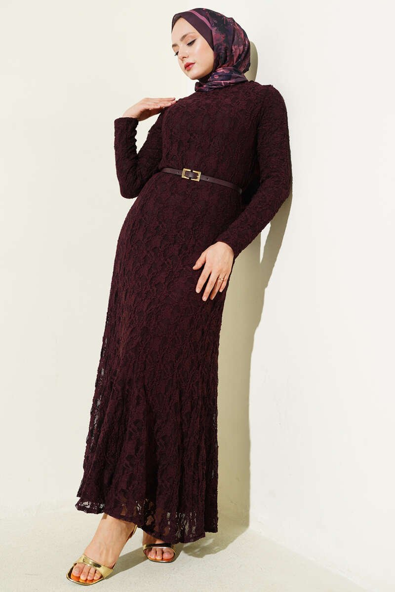 Dress with Lace Belt Detail Plum