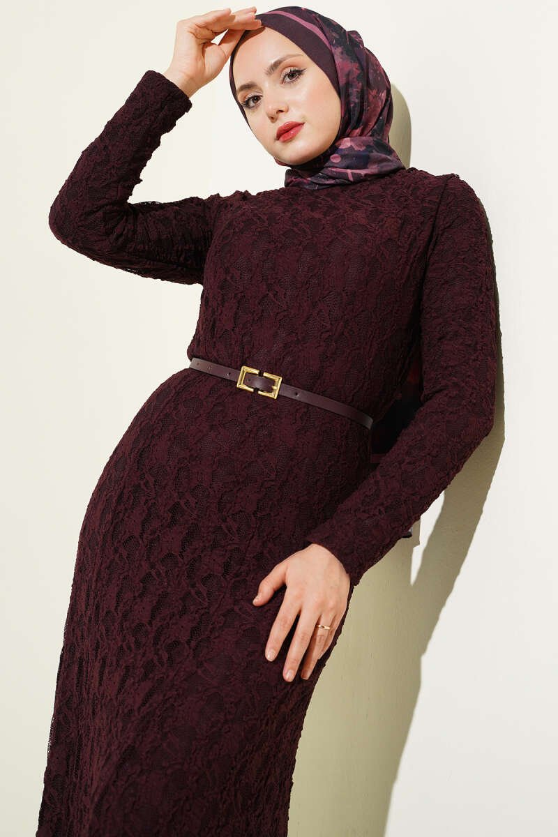 Dress with Lace Belt Detail Plum - Image 2
