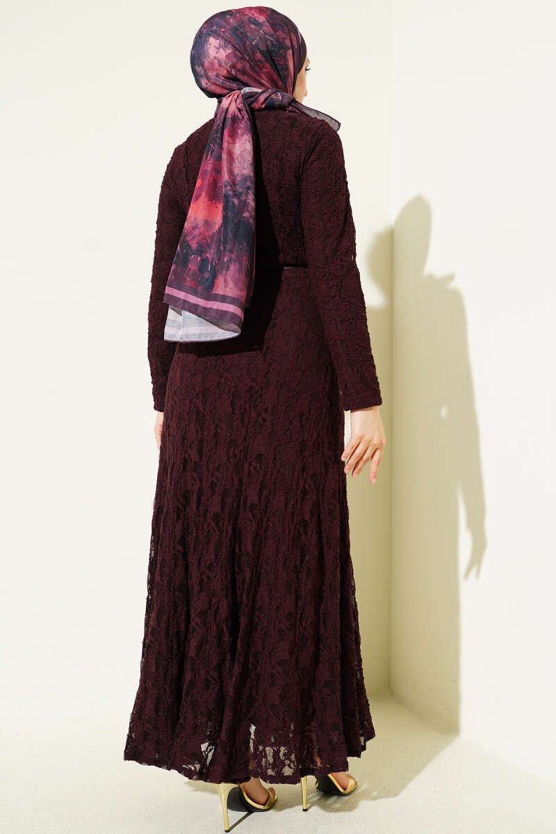 Dress with Lace Belt Detail Plum - Image 3