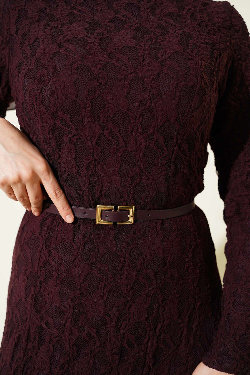 Dress with Lace Belt Detail Plum - Image 4