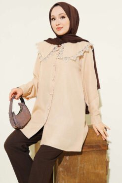 Lace Trimmed Sailor Collar Shirt Beige