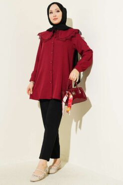 Alternatieve weergave van Lace Trimmed Sailor Collar Shirt Burgundy