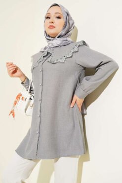 Lace Trimmed Sailor Collar Shirt Grey