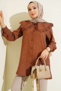 Lace Trimmed Sailor Collar Shirt Brown