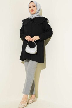 Alternatieve weergave van Lace Trimmed Sailor Collar Shirt Black