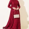 Embroidered Belted Evening Dress Burgundy