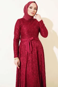 Embroidered Belted Evening Dress Burgundy all'ingrosso dress view 2 - Hicabistan fabbrica Turchia