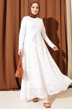 Embroidered Belted Evening Dress Ecru Großhandel dress - Hicabistan Türkei Fabrik