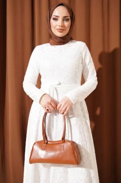Embroidered Belted Evening Dress Ecru Großhandel dress view 2 - Hicabistan Türkei Fabrik