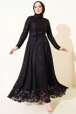 Embroidered Belted Evening Dress Black Großhandel dress - Hicabistan Türkei Fabrik