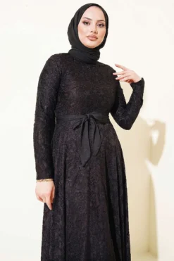 Embroidered Belted Evening Dress Black Großhandel dress view 2 - Hicabistan Türkei Fabrik