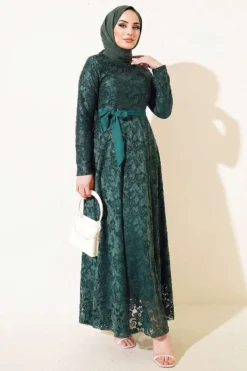 Embroidered Belted Evening Dress Emerald Großhandel dress - Hicabistan Türkei Fabrik