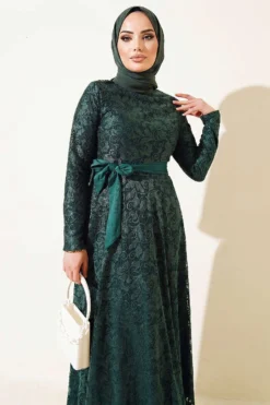 Embroidered Belted Evening Dress Emerald Großhandel dress view 2 - Hicabistan Türkei Fabrik