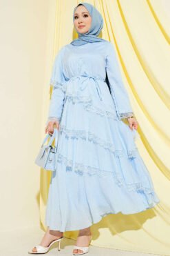 Lace Asymmetric Layered Dress Blue groothandel dress - Hicabistan Turkije fabriek