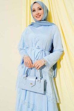Lace Asymmetric Layered Dress Blue groothandel dress view 2 - Hicabistan Turkije fabriek
