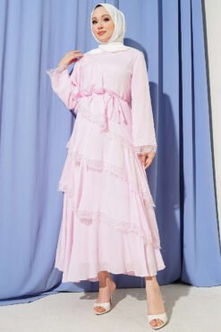 Lace Asymmetric Layered Dress Pink groothandel dress - Hicabistan Turkije fabriek