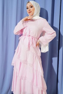 Lace Asymmetric Layered Dress Pink groothandel dress view 2 - Hicabistan Turkije fabriek