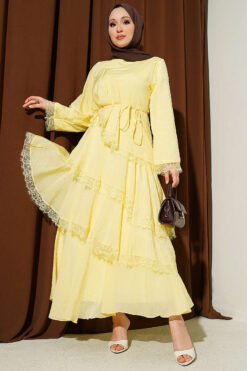 Lace Asymmetric Layered Dress Yellow groothandel dress - Hicabistan Turkije fabriek