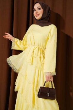 Lace Asymmetric Layered Dress Yellow groothandel dress view 2 - Hicabistan Turkije fabriek