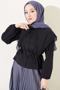 Lace Sailor Collar Short Poplin Shirt Black