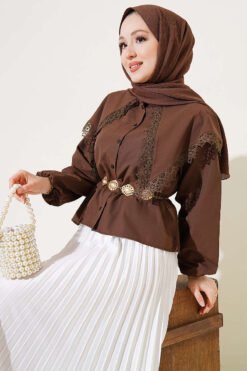 Lace Sailor Collar Short Poplin Shirt Brown groothandel shirt - Hicabistan Turkije fabriek