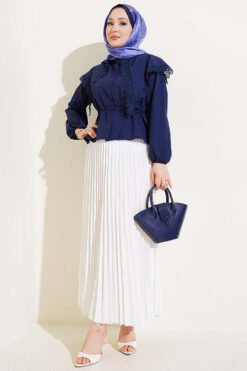 Lace Sailor Collar Short Poplin Shirt Navy Blue groothandel shirt view 2 - Hicabistan Turkije fabriek
