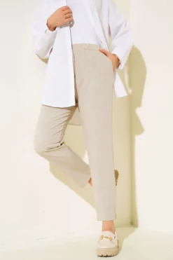 Slim Fit Striped Trousers Beige
