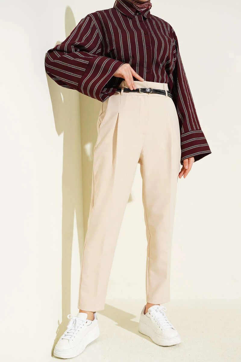 Slim Fit Tapered Fabric Trousers Beige