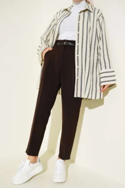 Slim Fit Tapered Fabric Trousers Brown