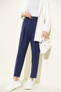 Slim Fit Tapered Fabric Trousers Navy Blue