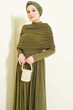 Draped Neck Glitter Evening Dress Khaki Großhandel dress view 2 - Hicabistan Türkei Fabrik