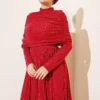 Draped Neck Glitter Evening Dress Red all'ingrosso dress view 2 - Hicabistan fabbrica Turchia