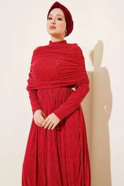 Draped Neck Glitter Evening Dress Red Großhandel dress view 2 - Hicabistan Türkei Fabrik