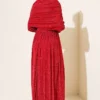 Draped Neck Glitter Evening Dress Red all'ingrosso dress view 3 - Hicabistan fabbrica Turchia