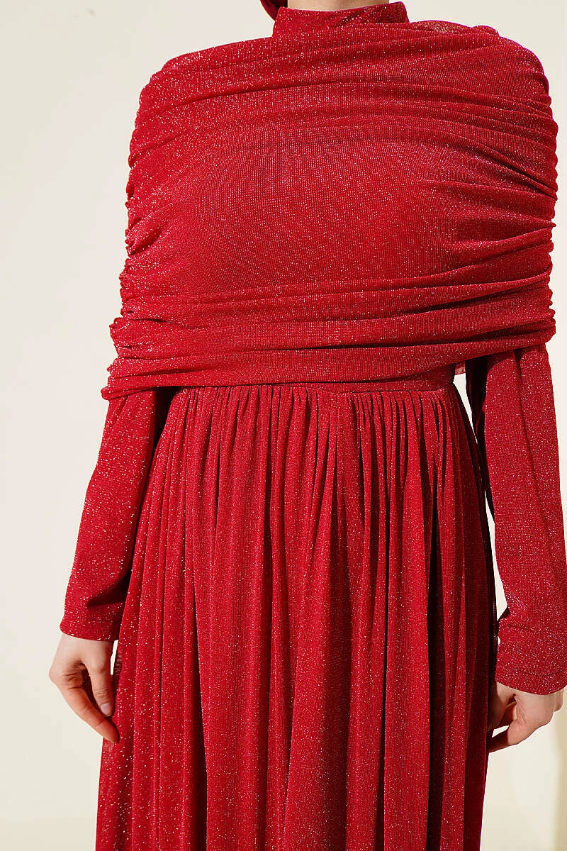 Draped Neck Glitter Evening Dress Red all'ingrosso dress view 4 - Hicabistan fabbrica Turchia